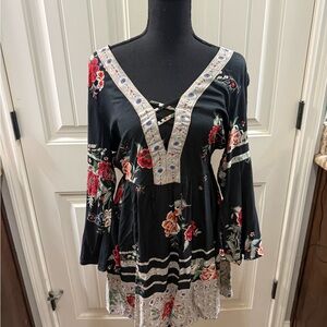 Floral Embroidered Black Tunic Top